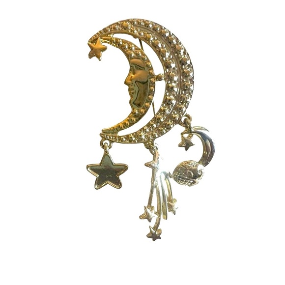 Man in the Moon Crescent Shape Dangling Stars Comet Earth Brooch Pin Gold Tone - Picture 4 of 8